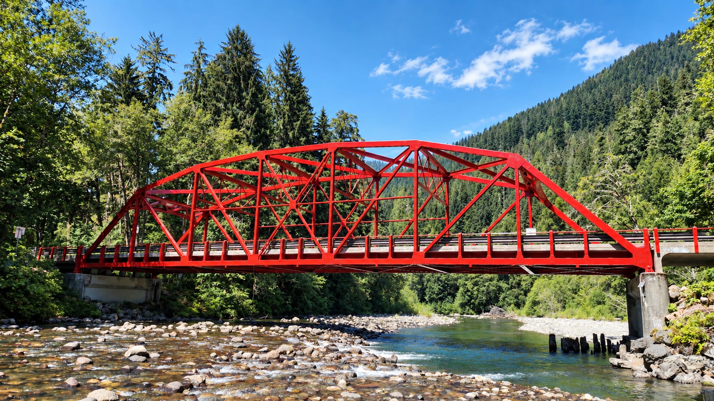 Red steel truss bridge over a rocky mountain river, forest and hillside behind